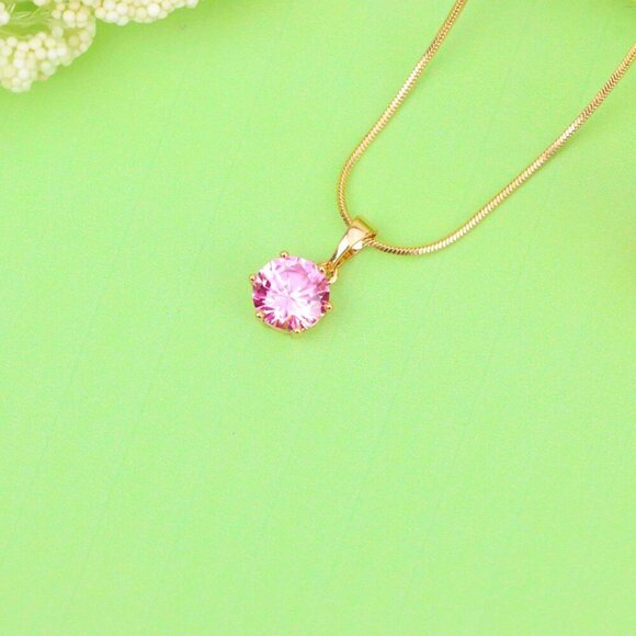 "Sparkling Pink Round Pendant in Gold Finish for Everyday Elegance, XPPT1673 - Picture 11 of 13